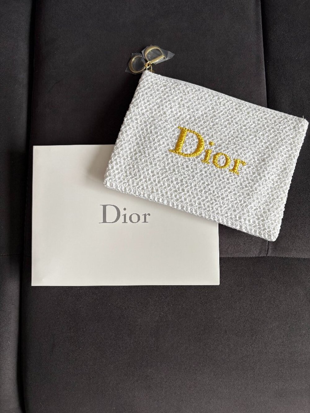Dior White Crochet Flat Pouch Cosmetic Bag with Gold Embroidered Logo + Charm